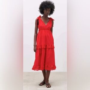 Zara Red Tiered Ruffled Maxi Dress for Wedding Guest